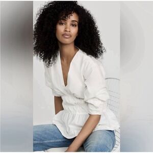 Jonathan Simkhai Yuni Peplum Puff Sleeve Top White Minimal Chic Size 14